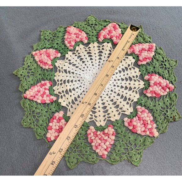 Handmade Crocheted Doily with Pink & Green Floral Design Vintage 14" Round - Picture 7 of 8